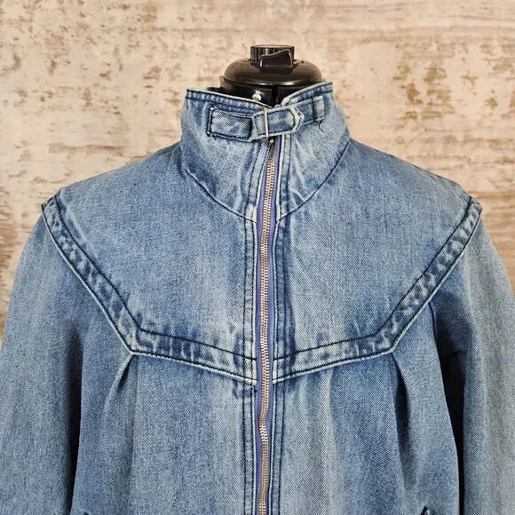 Vintage 1980s Denim Blue Bomber Jacket Distressed Yoke vtg 80s Puff Sleeve M L - Picture 2 of 14